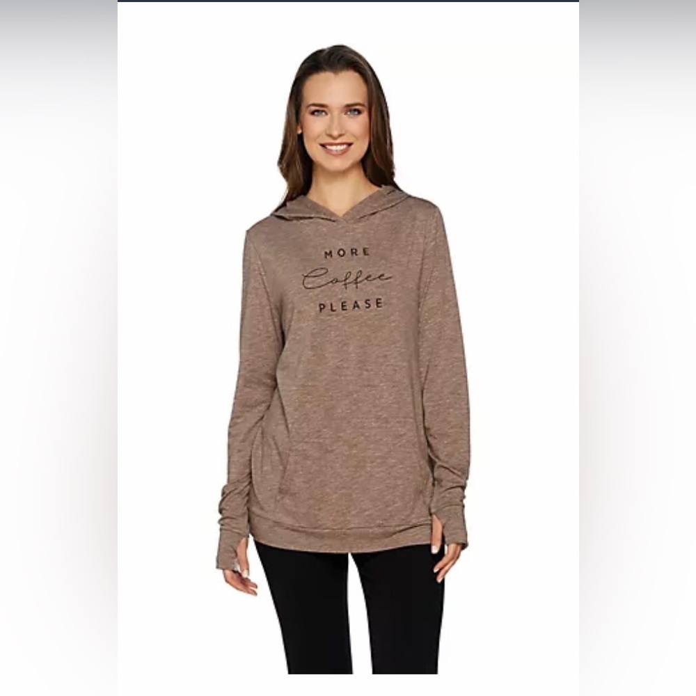 Anybody cozy knit jersey message hoodie with thumb holes. Size S, brown